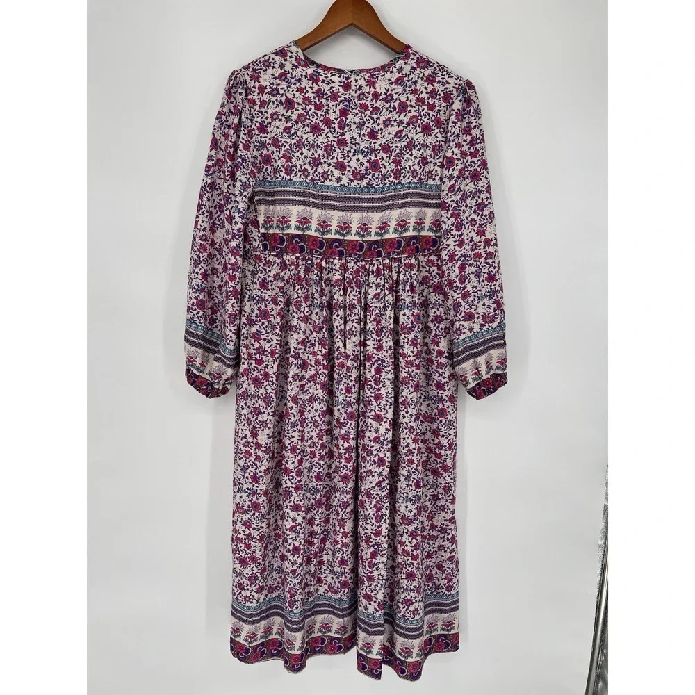 R Vivimos Women's Long Sleeve Floral Print Retro V N Eck Tassel Bohemian  Midi D